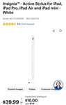 Insignia Active Stylus NS-TS3AIEW24 White For Ipad Pro/air/mini Magnetic New. Price: $25.00.